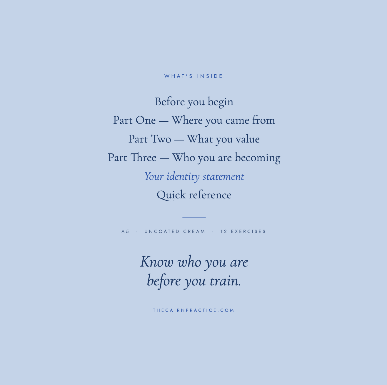 'What's inside' contents page listing the workbook sections, with specs 'A5 · Uncoated cream · 12 exercises' and the tagline 'Know who you are before you train.'