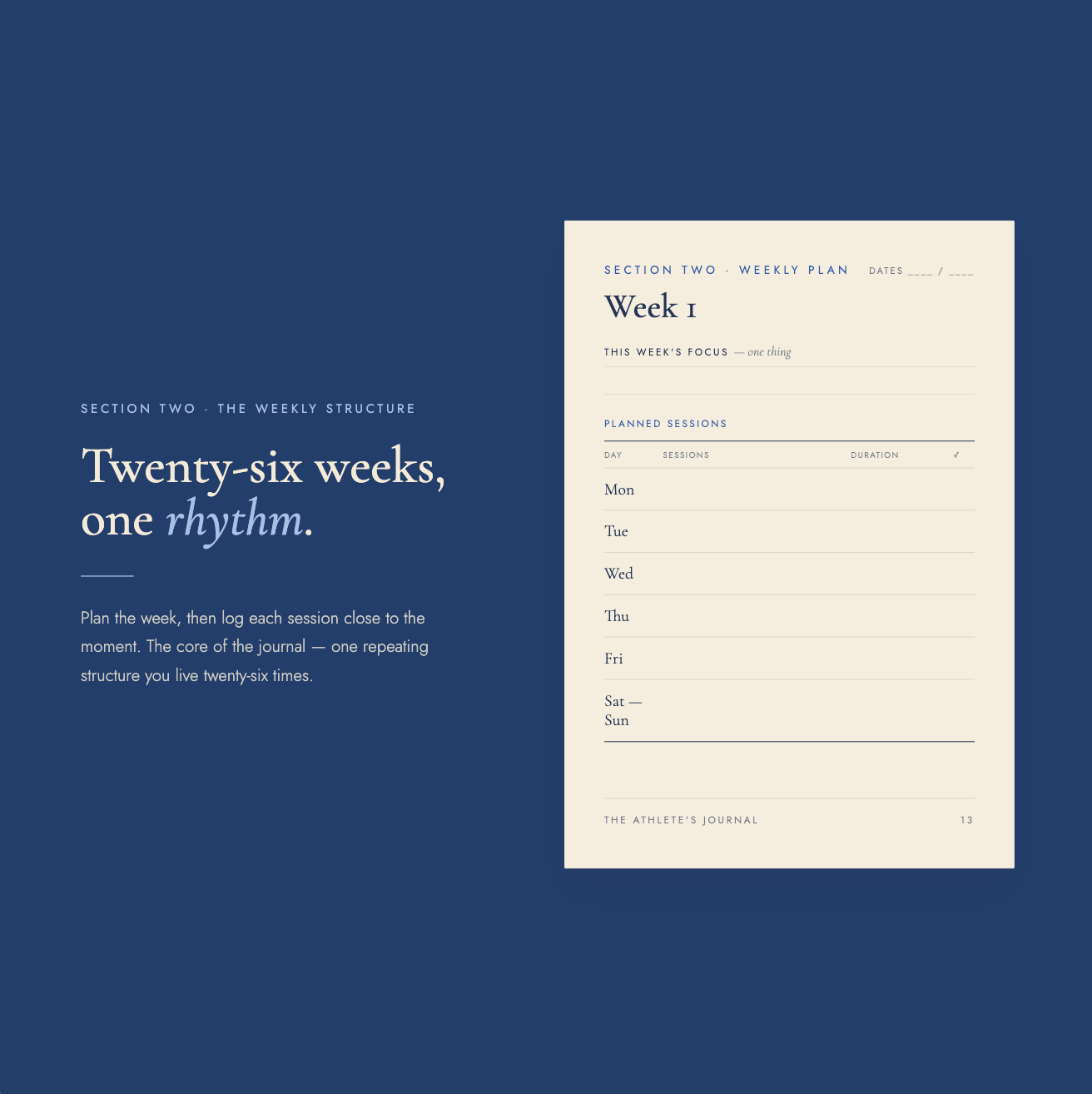 Section Two, "The weekly structure" — headline "Twenty-six weeks, one rhythm," with a "Week 1" weekly plan page for setting a focus and logging planned sessions Monday through Sunday.