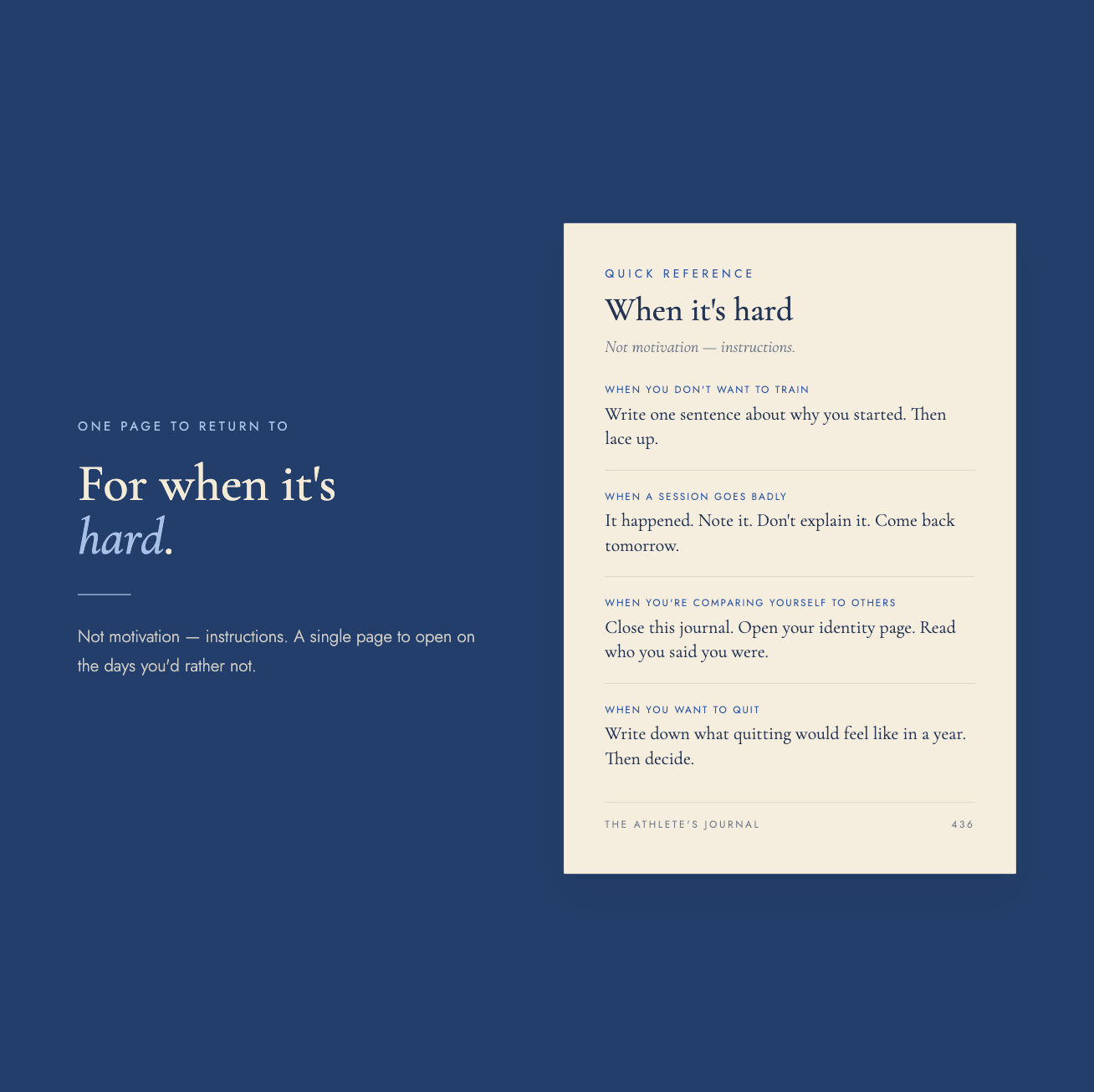 Quick reference page, "When it's hard" — short instructions for the toughest days: when you don't want to train, when a session goes badly, when you're comparing yourself to others, and when you want to quit.