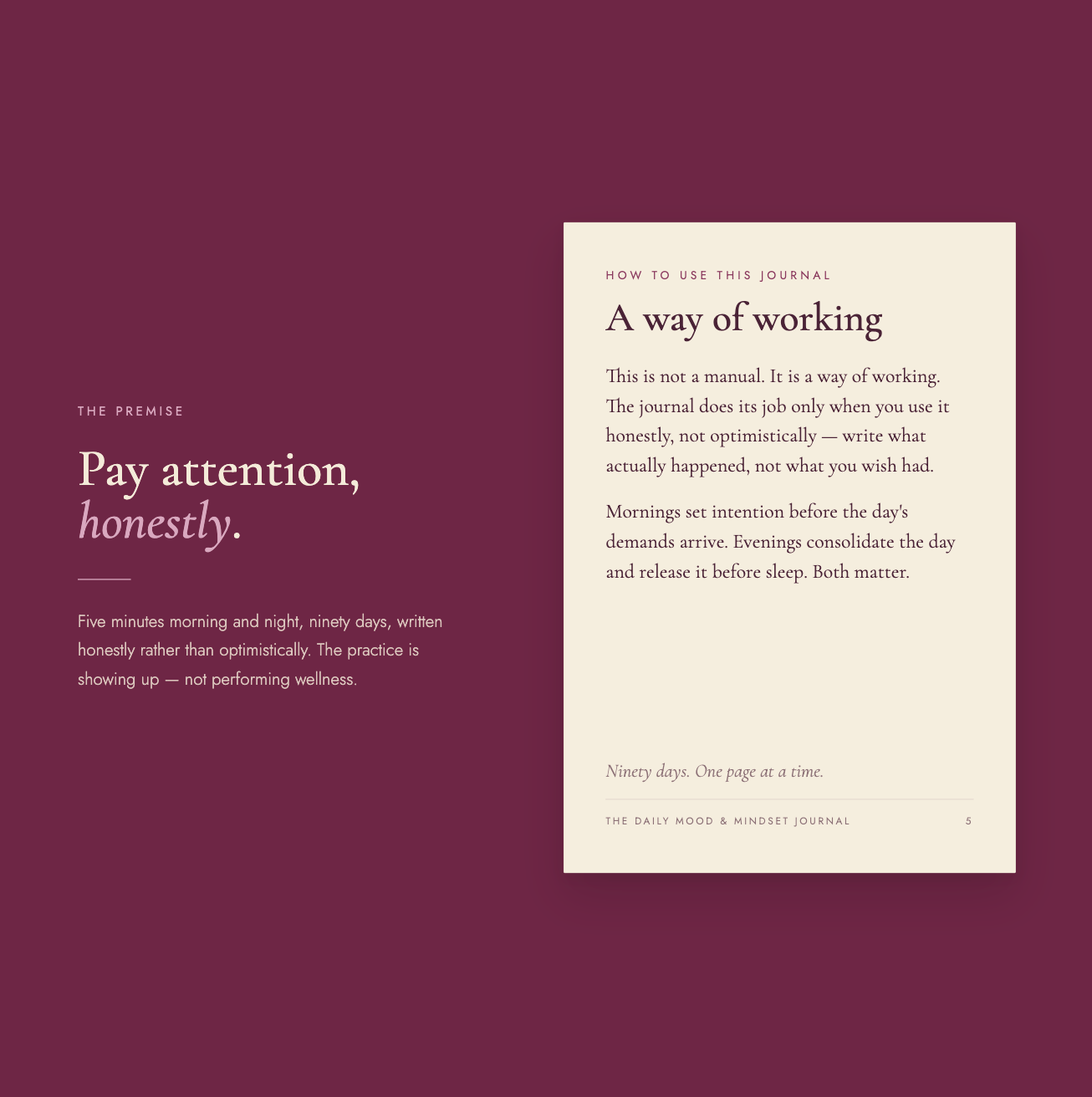 "The premise" spread — headline reads "Pay attention, honestly," beside a cream page titled "A way of working," explaining the five-minute morning and evening practice across ninety days, written honestly rather than optimistically.