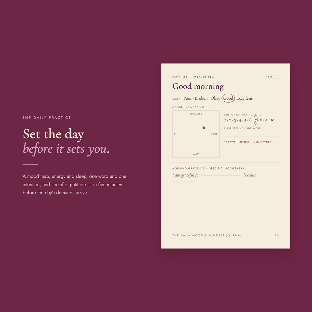 "The daily practice" spread — headline "Set the day before it sets you," with a "Day 01 · Good morning" page holding a mood map, energy and sleep ratings, a one-word intention, and specific gratitude.