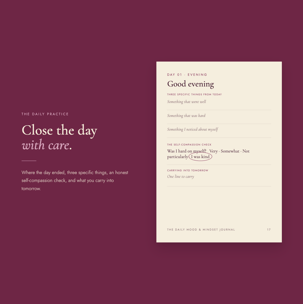 "The daily practice" spread — headline "Close the day with care," with a "Day 01 · Good evening" page for three specific things from the day, an honest self-compassion check, and one line to carry into tomorrow.