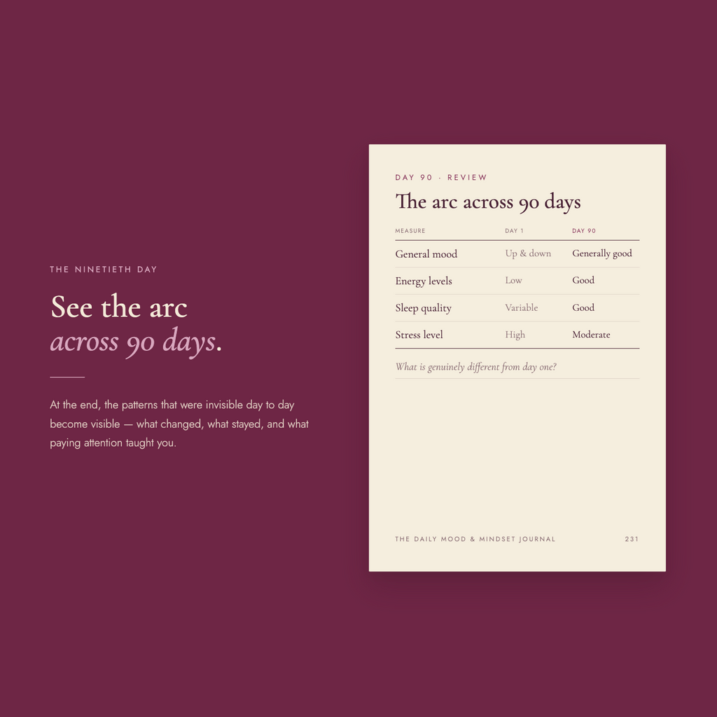 "The ninetieth day" spread — headline "See the arc across 90 days," with a "Day 90 · Review" page comparing mood, energy, sleep, and stress between day one and day ninety.