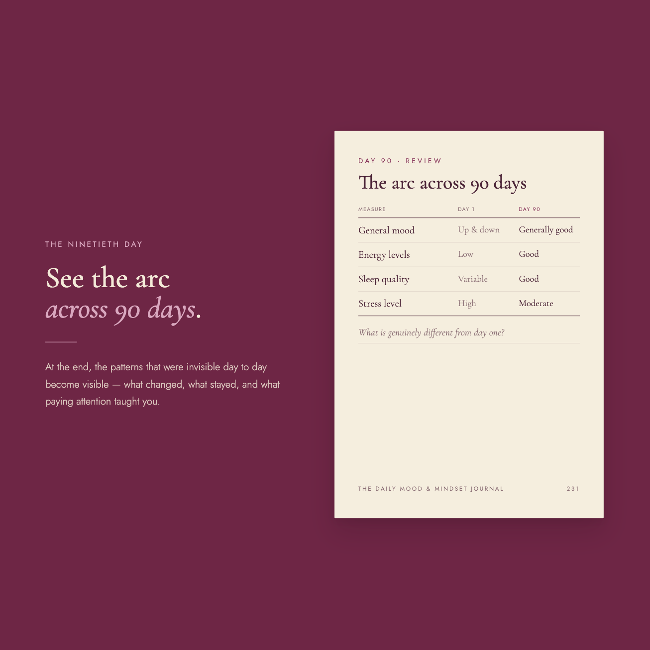 "The ninetieth day" spread — headline "See the arc across 90 days," with a "Day 90 · Review" page comparing mood, energy, sleep, and stress between day one and day ninety.