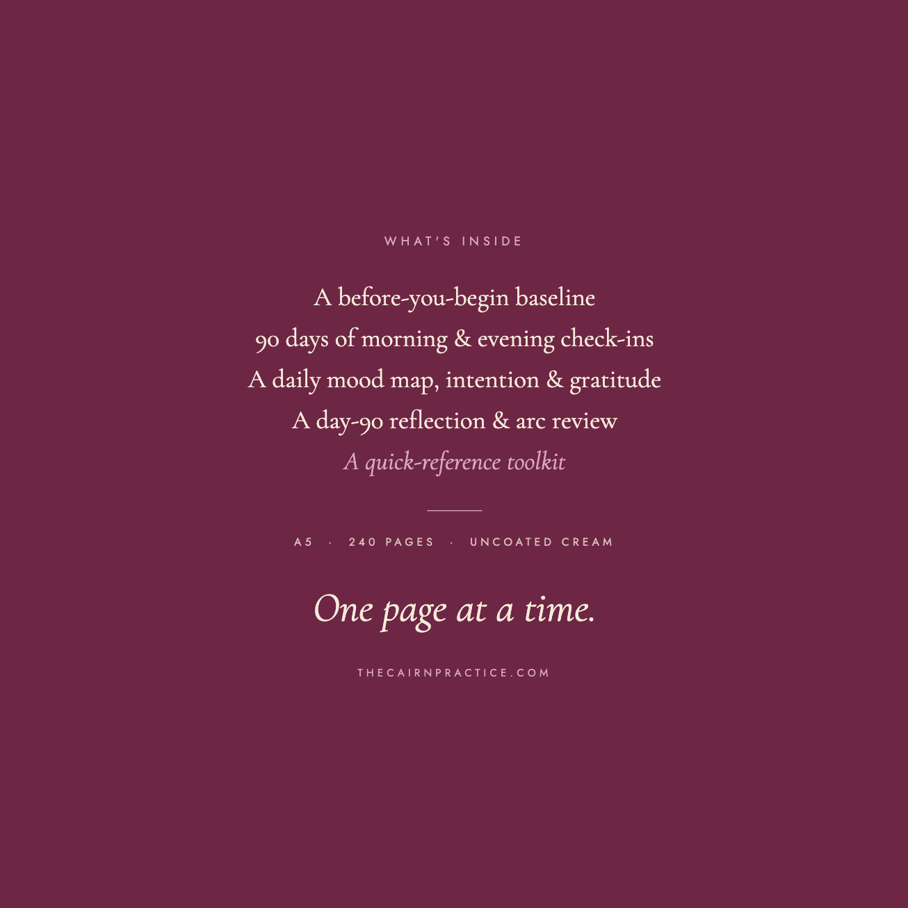 "What's inside" contents page listing the journal's sections, with specs "A5 · 240 pages · Uncoated cream" and the closing line "One page at a time."