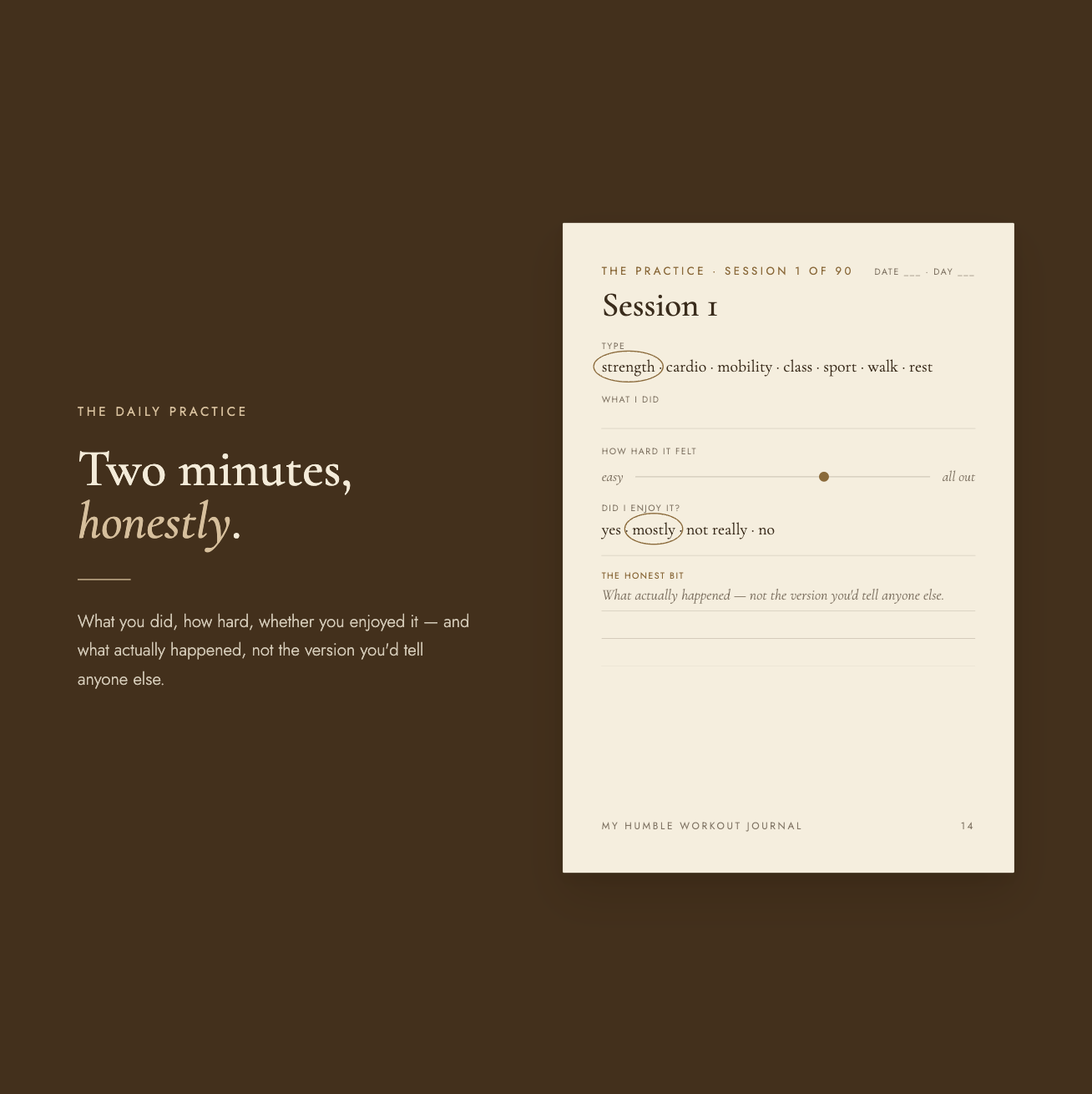 "The daily practice" spread — headline "Two minutes, honestly," with a "Session 1" log page recording type, what you did, how hard it felt, whether you enjoyed it, and what actually happened.