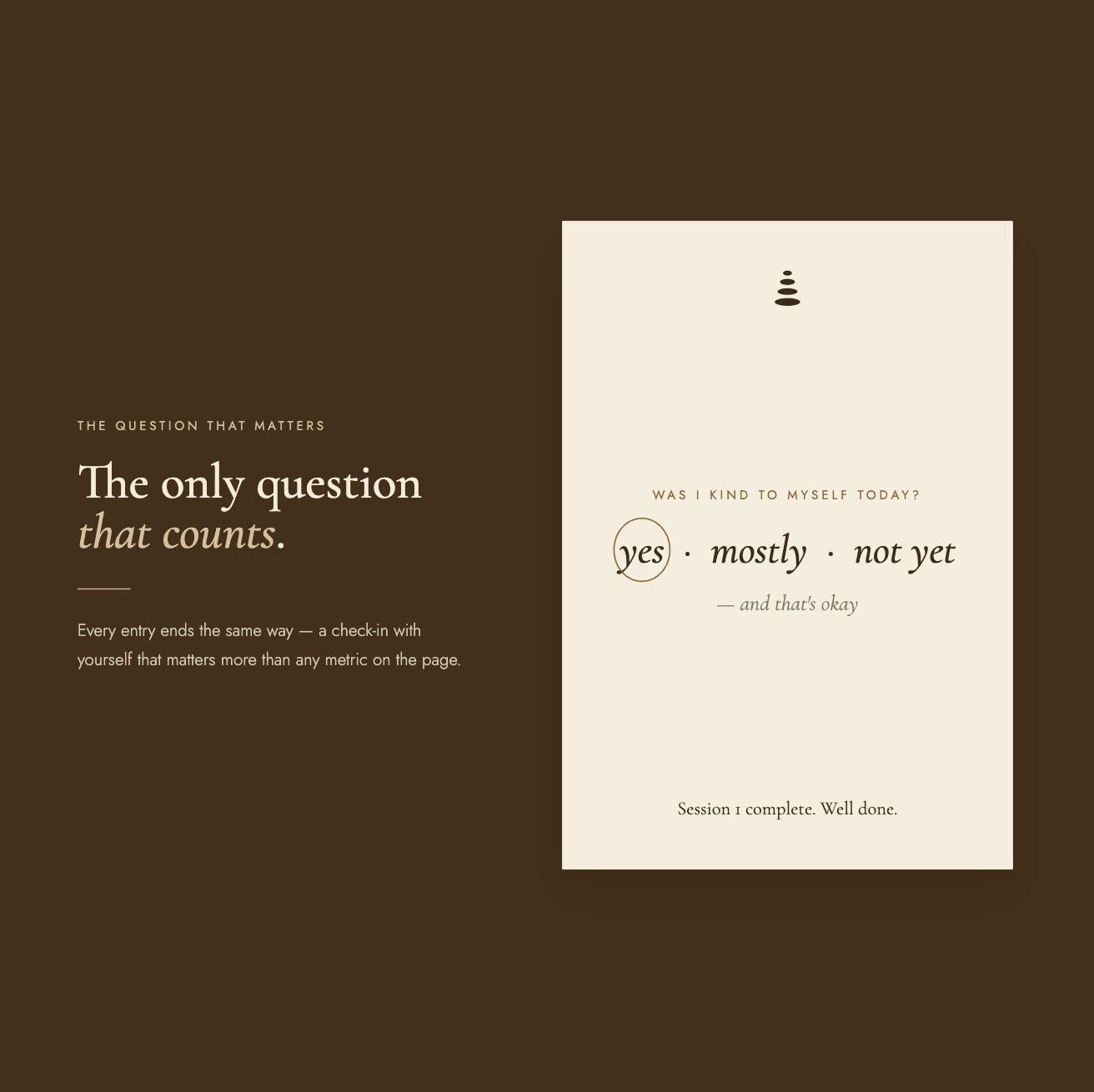 "The question that matters" spread — headline "The only question that counts," with a page closing every entry on "Was I kind to myself today? Yes · Mostly · Not yet — and that's okay."