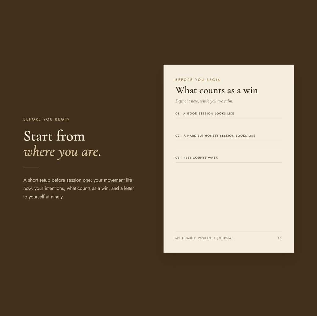 "Before you begin" spread — headline "Know your starting point," with a "What matters most to me" page to circle your values and narrow them to five.