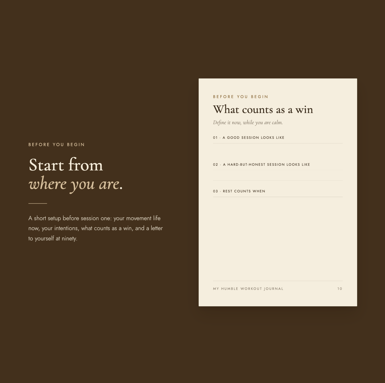 "Before you begin" spread — headline "Know your starting point," with a "What matters most to me" page to circle your values and narrow them to five.