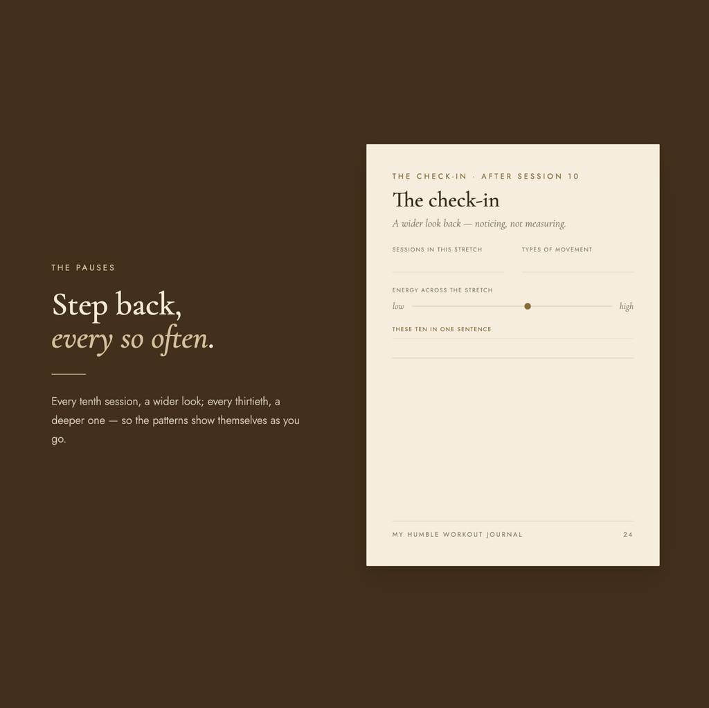"The pauses" spread — headline "Step back, every so often," with a "The check-in" page for a wider look back every tenth session — noticing patterns rather than measuring.