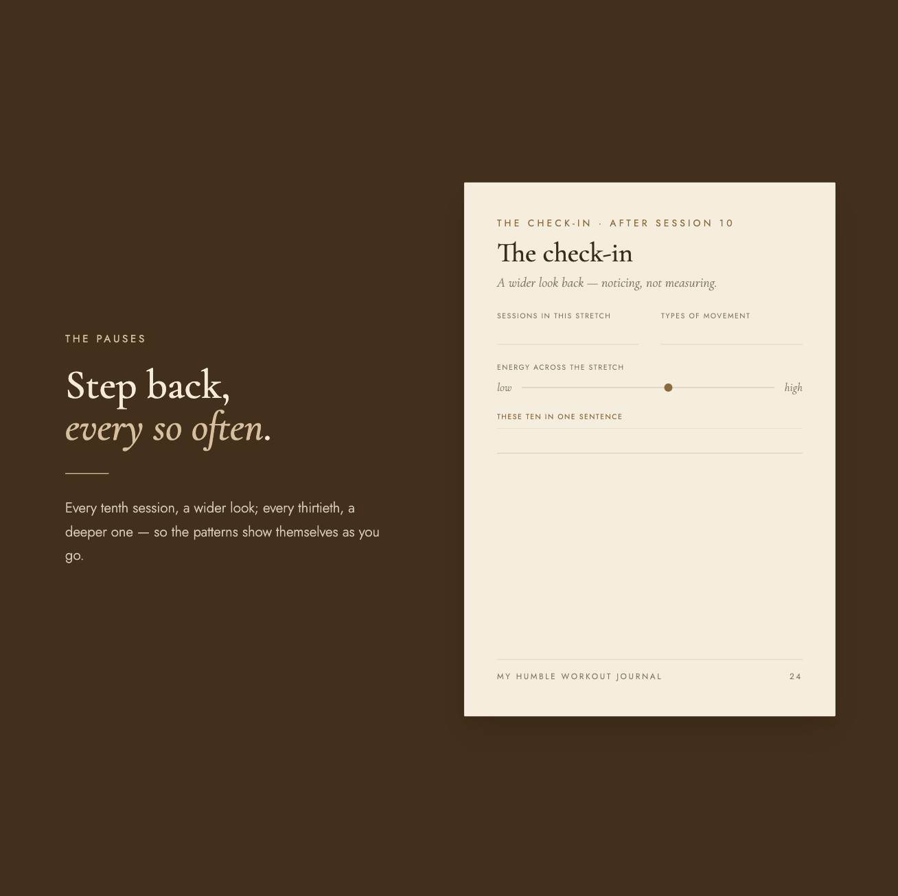 "The pauses" spread — headline "Step back, every so often," with a "The check-in" page for a wider look back every tenth session — noticing patterns rather than measuring.