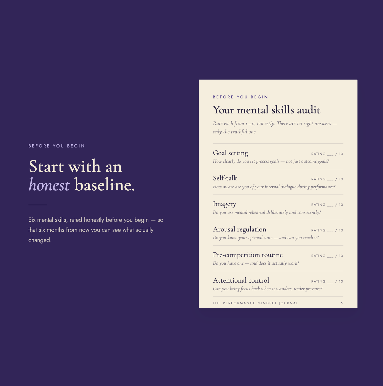 "Before you begin" spread — headline "Start with an honest baseline," with a "Your mental skills audit" page rating six skills from one to ten: goal setting, self-talk, imagery, arousal regulation, pre-competition routine, and attentional control.