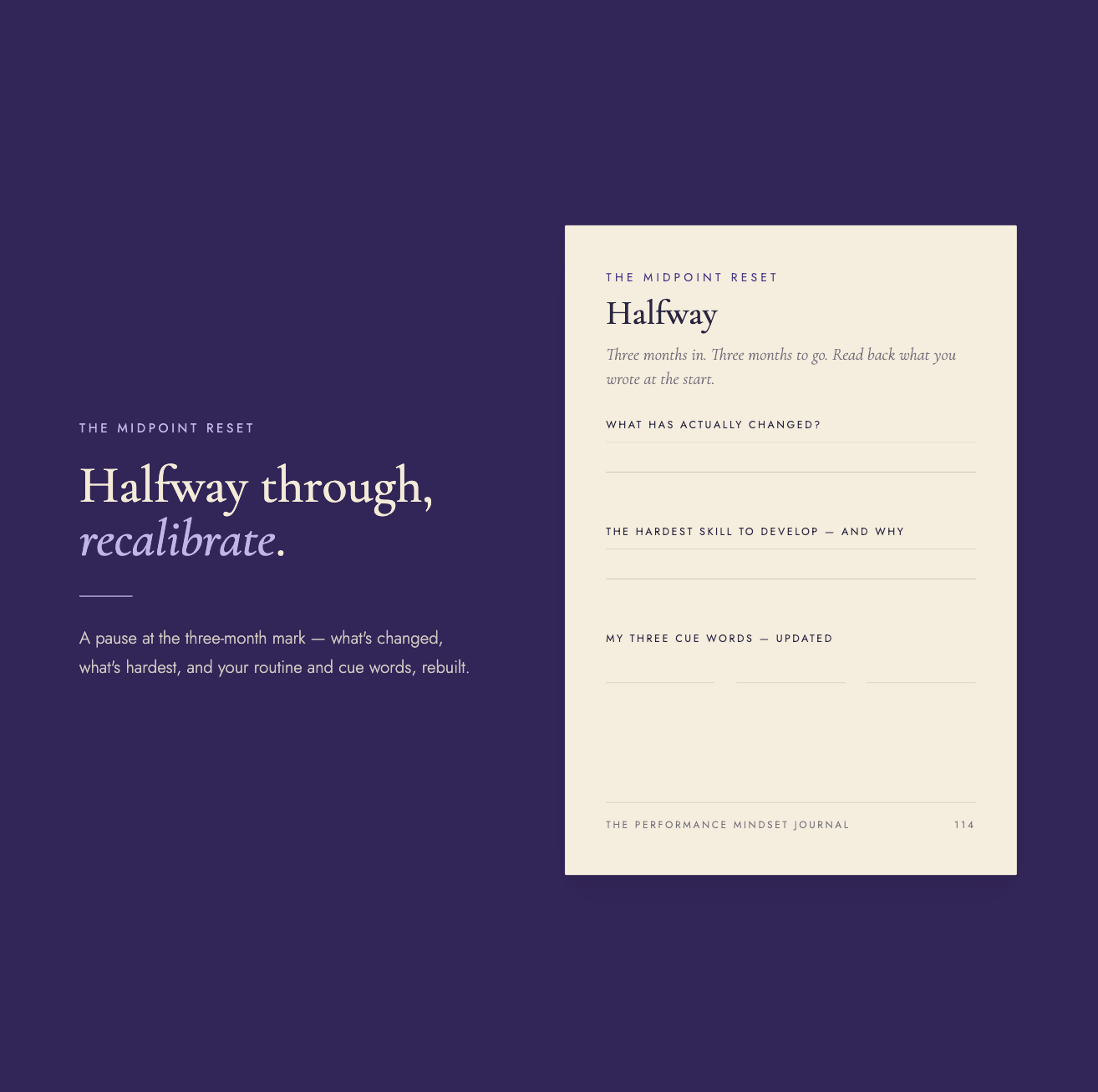 "The midpoint reset" spread — headline "Halfway through, recalibrate," with a "Halfway" page prompting what has changed, the hardest skill to develop, and three updated cue words.