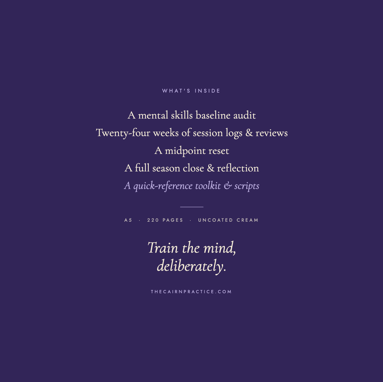 "What's inside" contents page listing the journal's sections, with specs "A5 · 220 pages · Uncoated cream" and the closing line "Train the mind, deliberately."