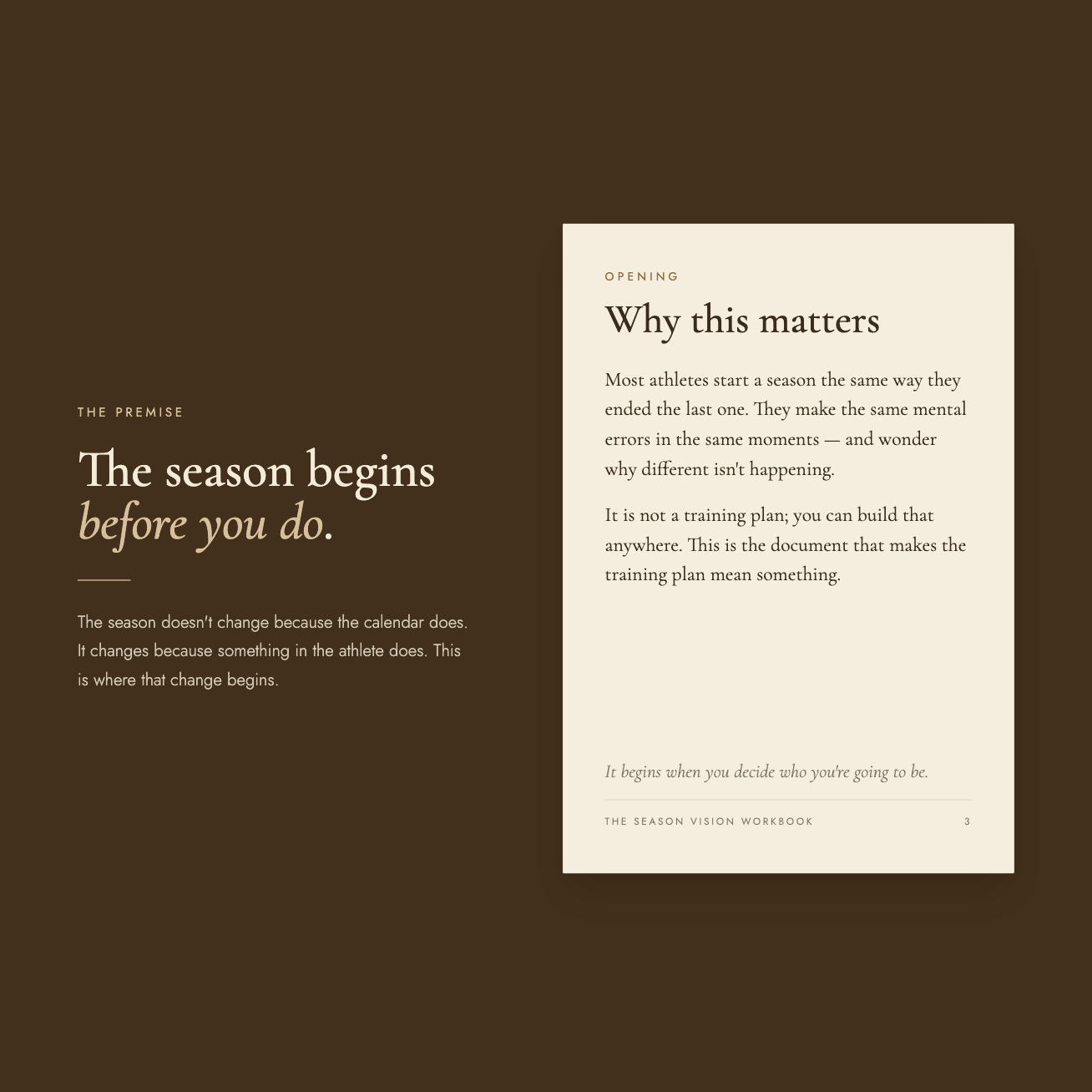 "The premise" spread — headline reads "The season begins before you do," beside a cream page titled "Why this matters," on starting a season as someone new rather than repeating last season's patterns.